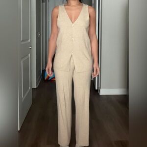 Pink Rose Beige Knit Pants & Vest Set